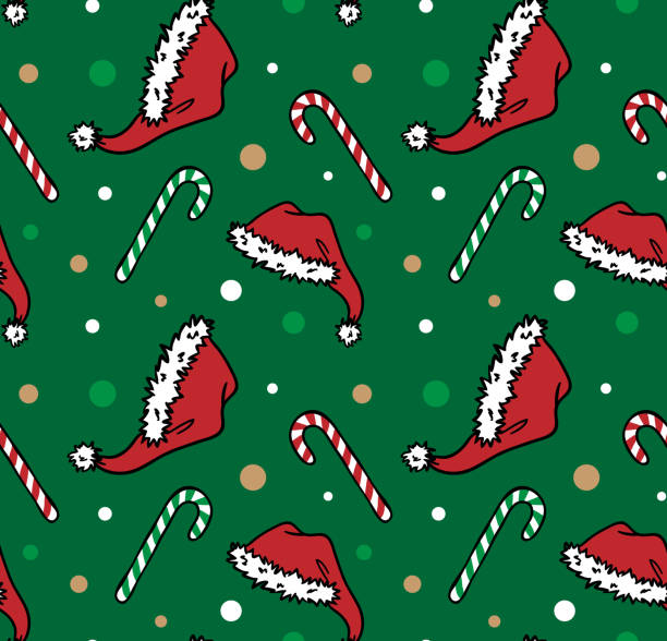 Red Santa Claus Christmas hat with candy canes cartoon pattern illustration Red Santa Claus Christmas hat with red and white stripeed candy canes pattern illustration in cartoon style to use in design backgrounds, gifts wrapping or home decoration glengarry cap stock illustrations