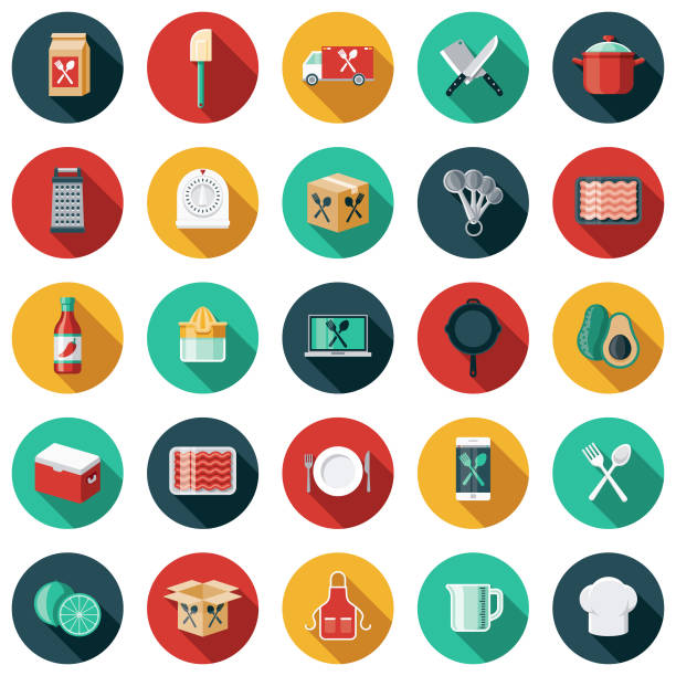ilustraciones, imágenes clip art, dibujos animados e iconos de stock de conjunto de iconos de entrega de kit de comida - red meat