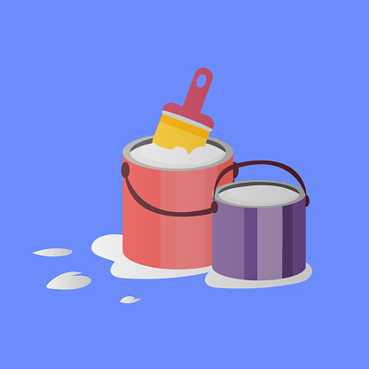 Illustration of paintbrush and two opened paint buckets with handles. Vector objects in flat style