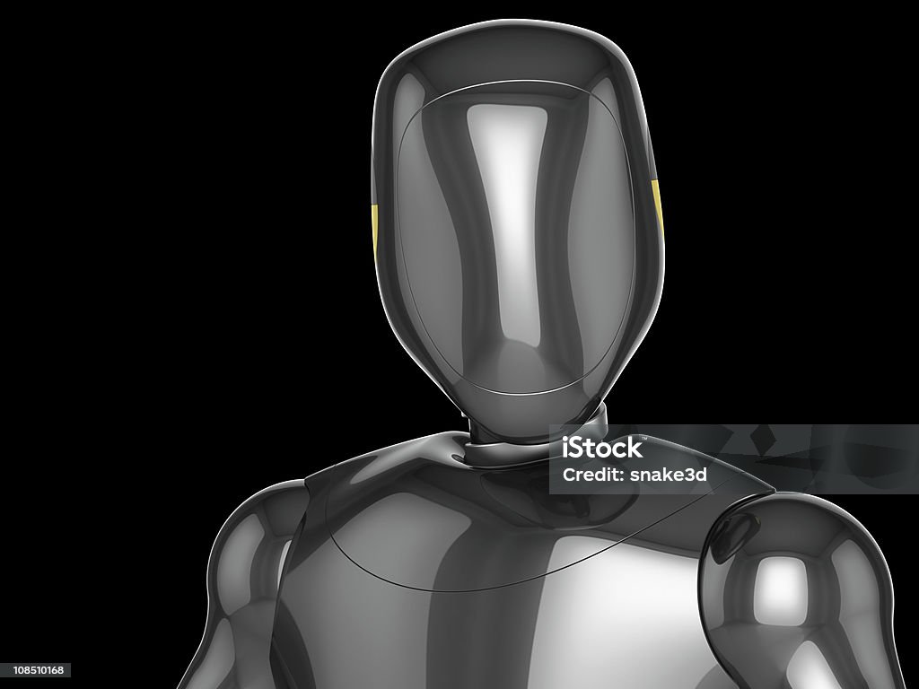 Crash Test Dummy concept (Hi-Res) Crash Test Dummy metallic head and top part of his torso. Third viewport. 3D render. Isolated on black background. Crash Test Stock Photo