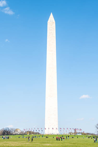 Washington DC, USA - April 5, 2018: Washington Monument with American Flags in circle, people, tourists isolated against blue sky on national mall with green grass lawn