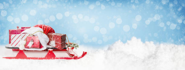 istock Christmas Santa Sleigh and Gifts Web Banner 1085114618