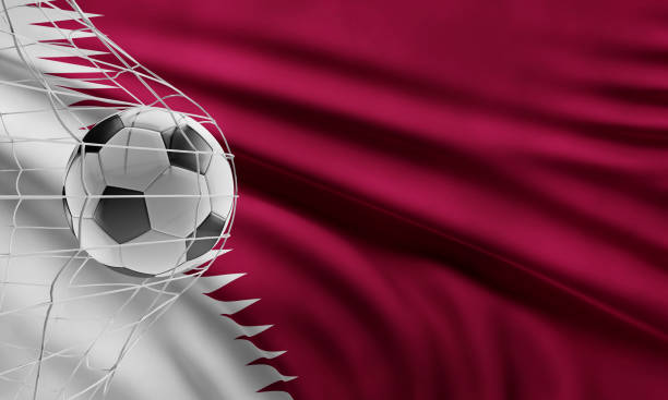 voetbal bal voorzijde van de vlag van qatar 3d-illustratie - qatar football stockfoto's en -beelden