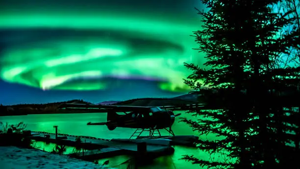 Seaplane and Aurora Borealis in Yukon