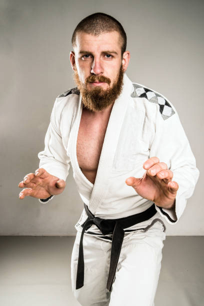 istock Fighter in white Kimono In A fighting Stance 1085120980