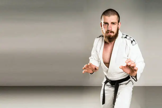 Judoka BJJ Jiu Jitsu Fighter in a white Kimono Gi Wearing Black Belt Standing ready for the sparing competition training session. On a plain background. Brazilian jiu jitsu