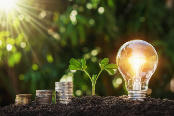 istock lightbulb with young plant and money stack on soil. concept saving energy and money 1085122666