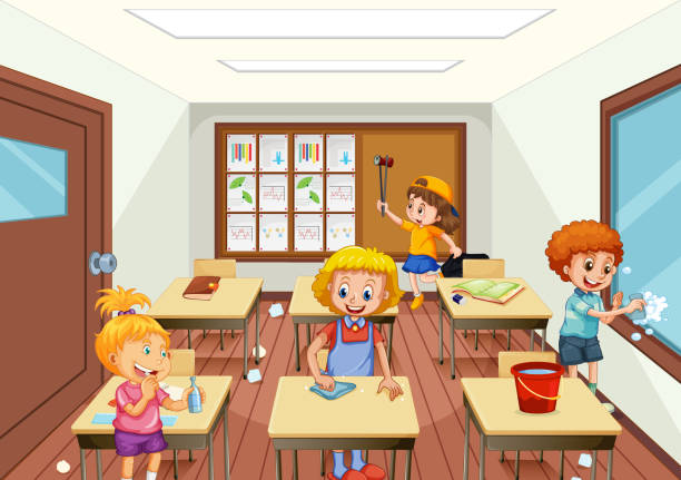 Group of people cleaning classroom Group of people cleaning classroom illustration school cleaning stock illustrations