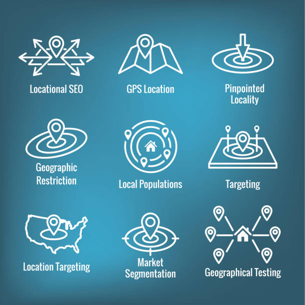 Geo Location Targeting with GPS Positioning and Geolocation Icon Set Geo Location Targeting - GPS Positioning and Geolocation Icon Set geo locator stock illustrations