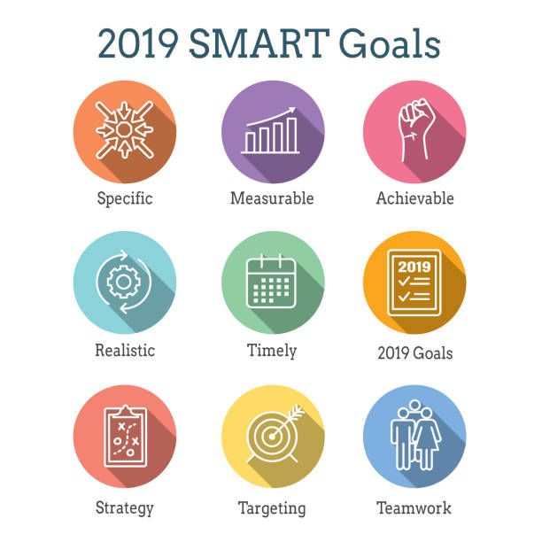 2019 SMART Goals Vector graphic with Smart goal keywords 2019 SMART Goals Vector graphic w various Smart goal keywords 2019 new year resolution stock illustrations