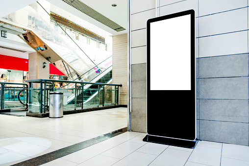 Touch display kiosk in shopping mall.