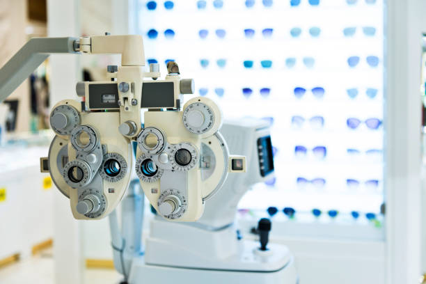 Phoropter and eyeglasses in eye store.