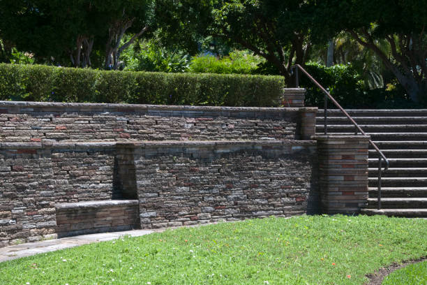 Dry stone retaining wall in garden with staircase