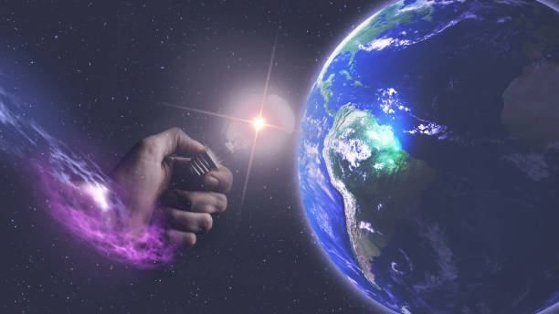 istock Image of human hand holding light bulb with sunshine for earth. Mixed media. 1085162368