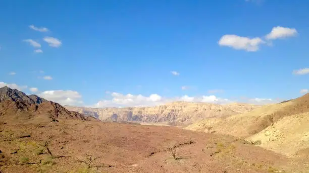 Desert landscape - Aerial image of mountains and dry land with blue cloudy sky in the background.