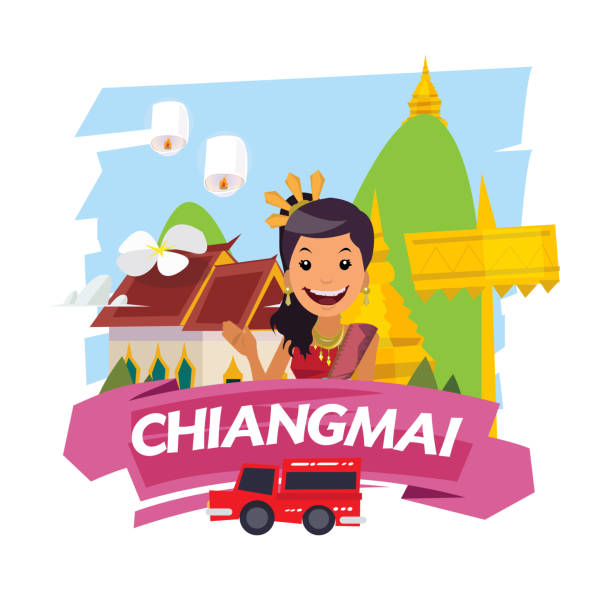 illustrations, cliparts, dessins animés et icônes de étiquette de point de repère de chiangmai. célèbre ville og thaïlande - vecteur - valley type