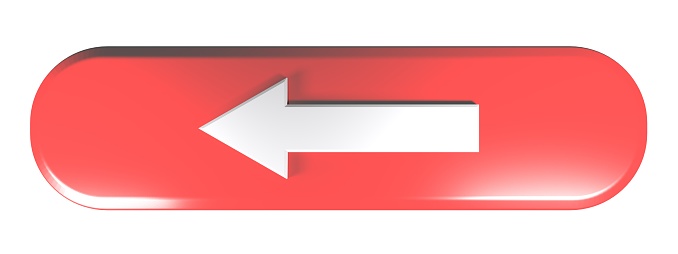 A red rounded rectangle push button with a white arrow pointing to the left, isolated on white background - 3D rendering illustration