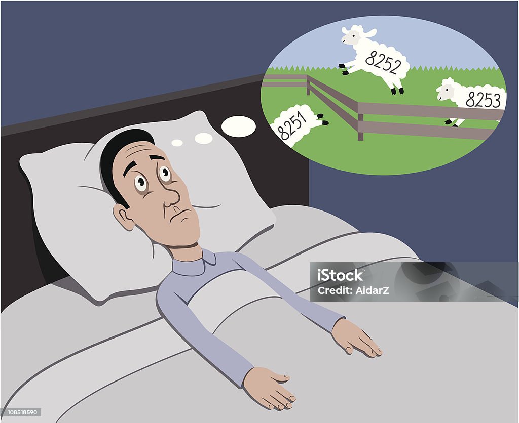 Insomnia The man counting sheeps but cannot sleep Counting stock vector