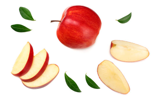 red apples with slices isolated on white background. top view - apple red isolated cut out imagens e fotografias de stock