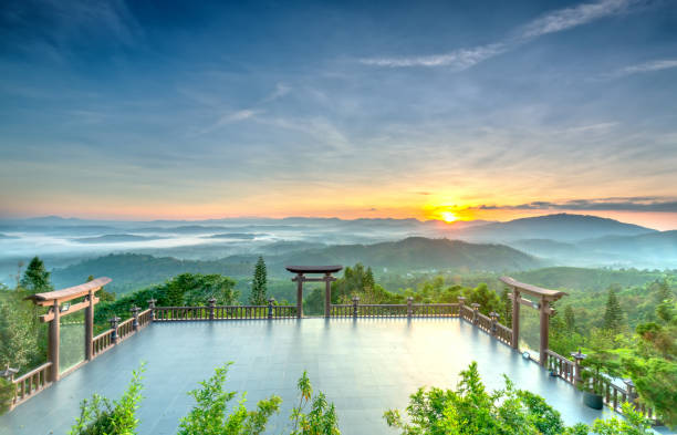 The magical dawn on the pagoda The magical dawn on the pagoda, surrounded by dew and magical light from the beautiful sun to meditate and relax the soul central highlands vietnam photos stock pictures, royalty-free photos & images