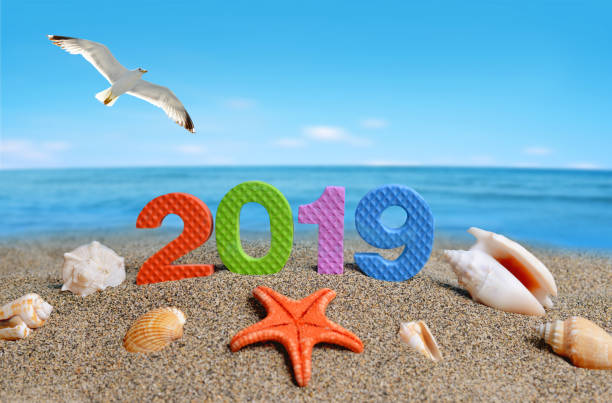 istock Number 2019 and sea shell with starfish. New Year concept. 1085196482