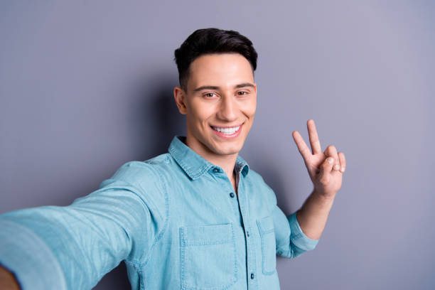 istock Self-portrait of nice cute cheerful optimistic attractive handso 1085201850