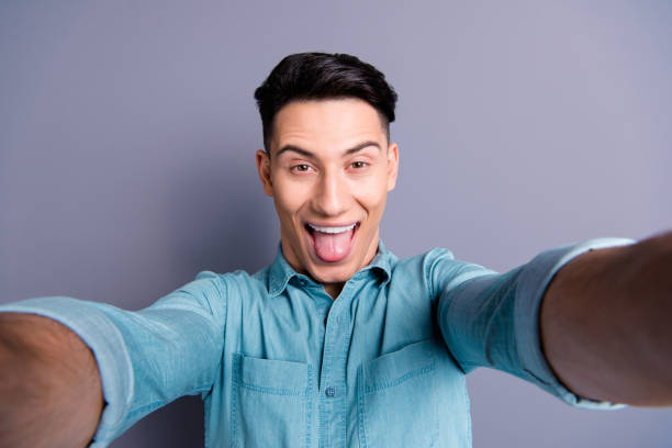 istock Self-portrait of nice cool cheerful cheery optimistic positive t 1085207100