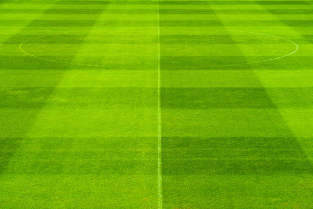istock Pattern of green grass soccer field with center circle 1085207750