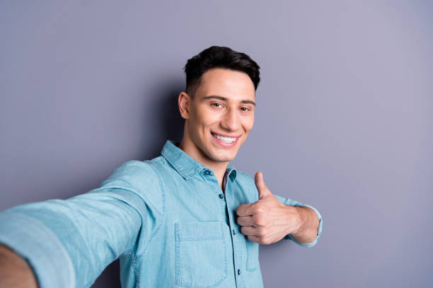 istock Self-portrait of nice cool cute cheerful optimistic positive att 1085211824