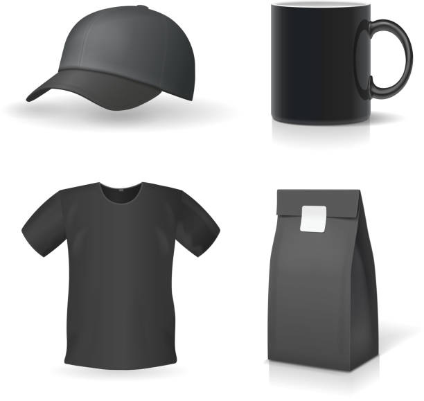 klassische schwarze werbe souvenirs design set tasse, t-shirt, cap. - t shirt shirt cap clothing stock-grafiken, -clipart, -cartoons und -symbole