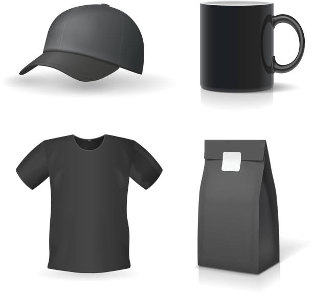 클래식 블랙 프로 모션 기념품 디자인 설정 찻잔, t-셔츠, 모자. - t shirt shirt cap clothing stock illustrations