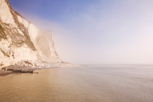 White cliffs at St. Margarets Bay in Kent, England on a foggy morning.