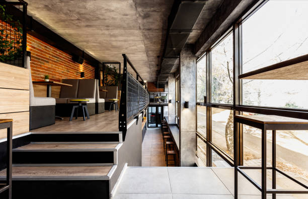 Interior of a modern industrial design pub with a rustic twist