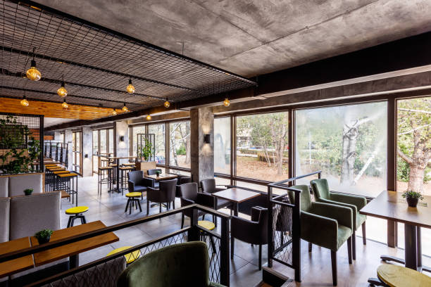 Interior of a modern industrial design pub with a rustic twist