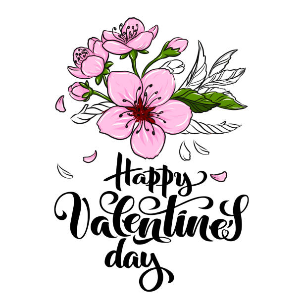 cherry blossom vector ilustracja i walentynki napis. sakura wiosna ręcznie rysowane kwiatowy szkic dla sezonowych promo, sprzedaż, romantyczna kartka z życzeniami, plakat, baner izolowany bez tła - cherry valentine stock illustrations