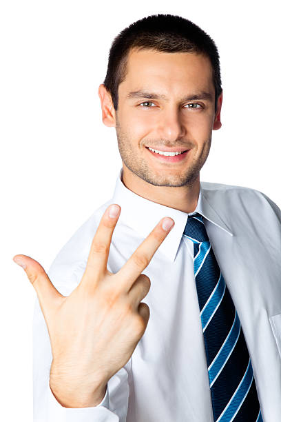 istock Happy businessman showing three fingers, isolated on white 108523213