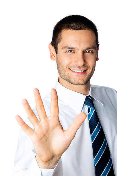 Happy businessman showing his hand isolated on white