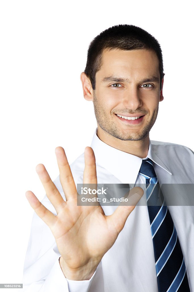 Happy businessman showing his hand isolated on white Happy businessman showing five fingers, isolated on white Number 5 Stock Photo