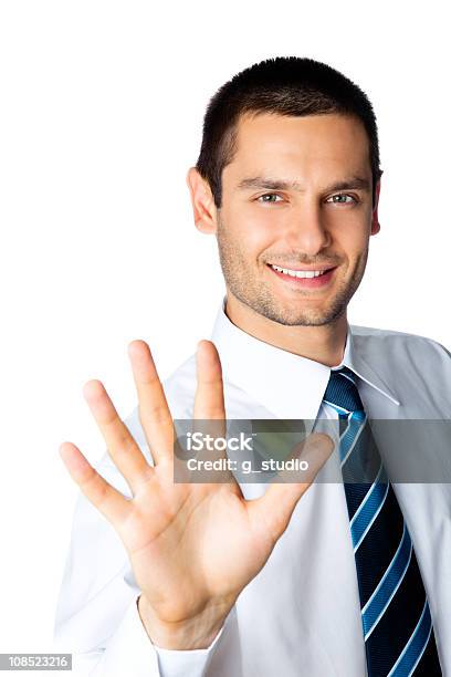 Happy Businessman Showing His Hand Isolated On White Stock Photo - Download Image Now