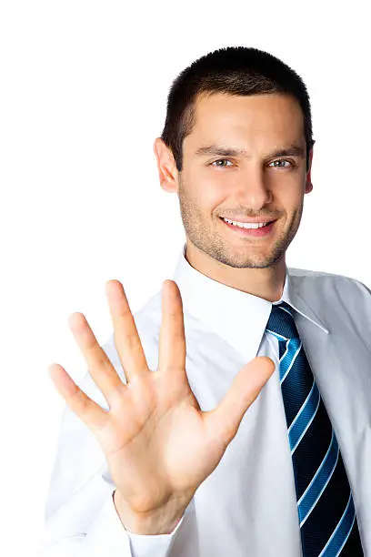 Photo of Happy businessman showing his hand isolated on white