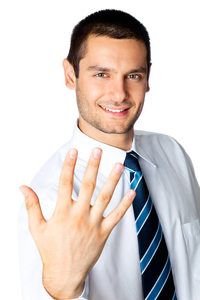 istock Happy businessman showing five fingers, isolated on white 108523218