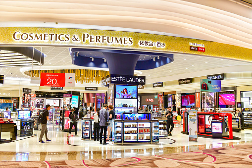 Changi airport, Singapore - OCTOBER 3,2018 : Cosmetics store at Singapore Changi Airport Terminal 4 is a newly built passenger terminal building at Singapore