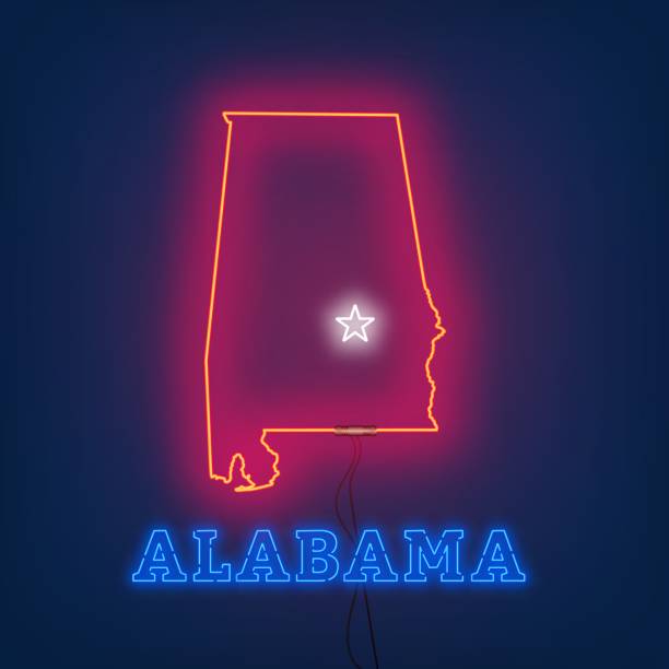 霓虹燈地圖州阿拉巴馬州在黑暗的背景。 - alabama 幅插畫檔、美工圖案、卡通及圖標
