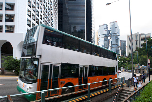 Bus at Financial centre of Hong Kong with his moderm skyscrapers. Central Business District, Hong Kong, China