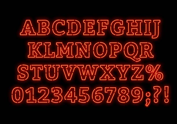 istock Neon alphabet. Bright capital letters with numbers on a dark background. 1085236500