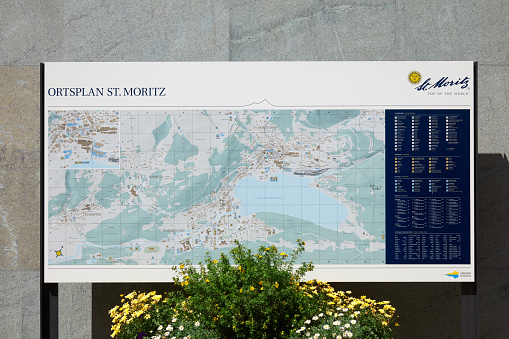 Sankt Moritz, Switzerland - August 16, 2018: City map and logo in a sunny summer day in Sankt Moritz, Switzerland