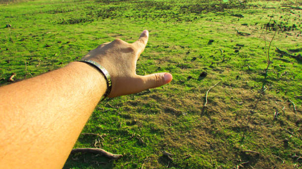 istock Hand pointing towards the green background landscape 1085246428