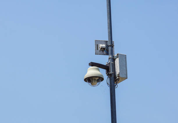 istock security cameras in front of blue sky - with space for text 1085246440