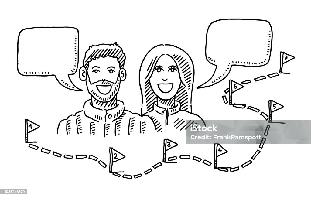Couple Talking About Path And Steps Drawing Hand-drawn vector drawing of a Couple Talking About a Trip with a dotted line Path And Flags with Numbers as Steps. Black-and-White sketch on a transparent background (.eps-file). Included files are EPS (v10) and Hi-Res JPG. Drawing - Art Product stock vector