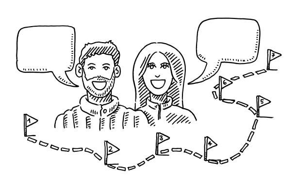 Couple Talking About Path And Steps Drawing Hand-drawn vector drawing of a Couple Talking About a Trip with a dotted line Path And Flags with Numbers as Steps. Black-and-White sketch on a transparent background (.eps-file). Included files are EPS (v10) and Hi-Res JPG. journey drawings stock illustrations